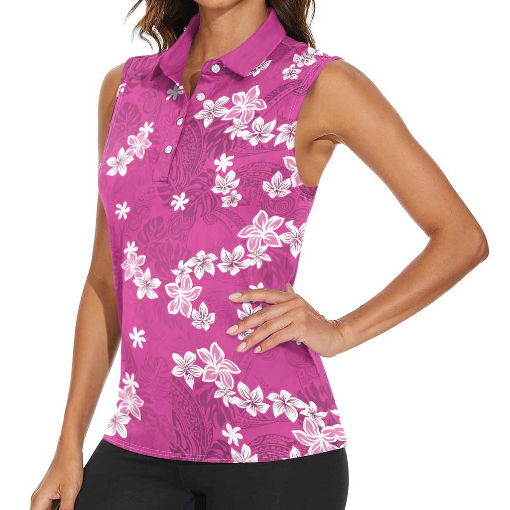 Hawaii Monstera Deliciosa Women Sleeveless Polo Shirt Pink Plumeria Polynesian Pattern - Polynesian Pride