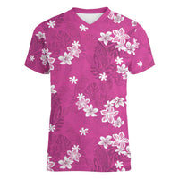 Hawaii Monstera Deliciosa Women V-Neck T-Shirt Pink Plumeria Polynesian Pattern - Polynesian Pride