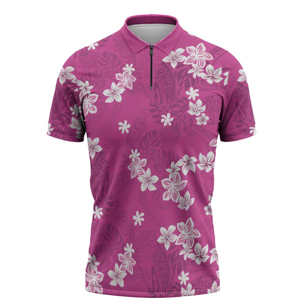 Hawaii Monstera Deliciosa Zipper Polo Shirt Pink Plumeria Polynesian Pattern - Polynesian Pride