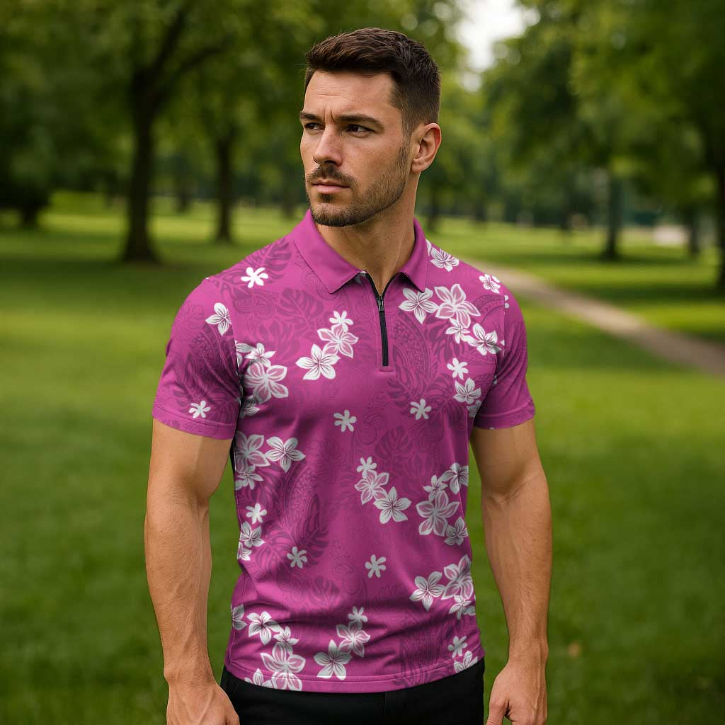 Hawaii Monstera Deliciosa Zipper Polo Shirt Pink Plumeria Polynesian Pattern - Polynesian Pride