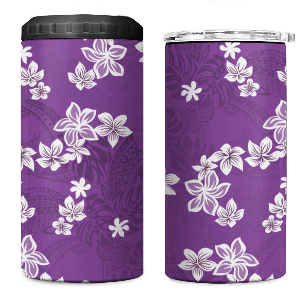 Hawaii Monstera Deliciosa 4 in 1 Can Cooler Tumbler Purple Plumeria Polynesian Pattern - Polynesian Pride