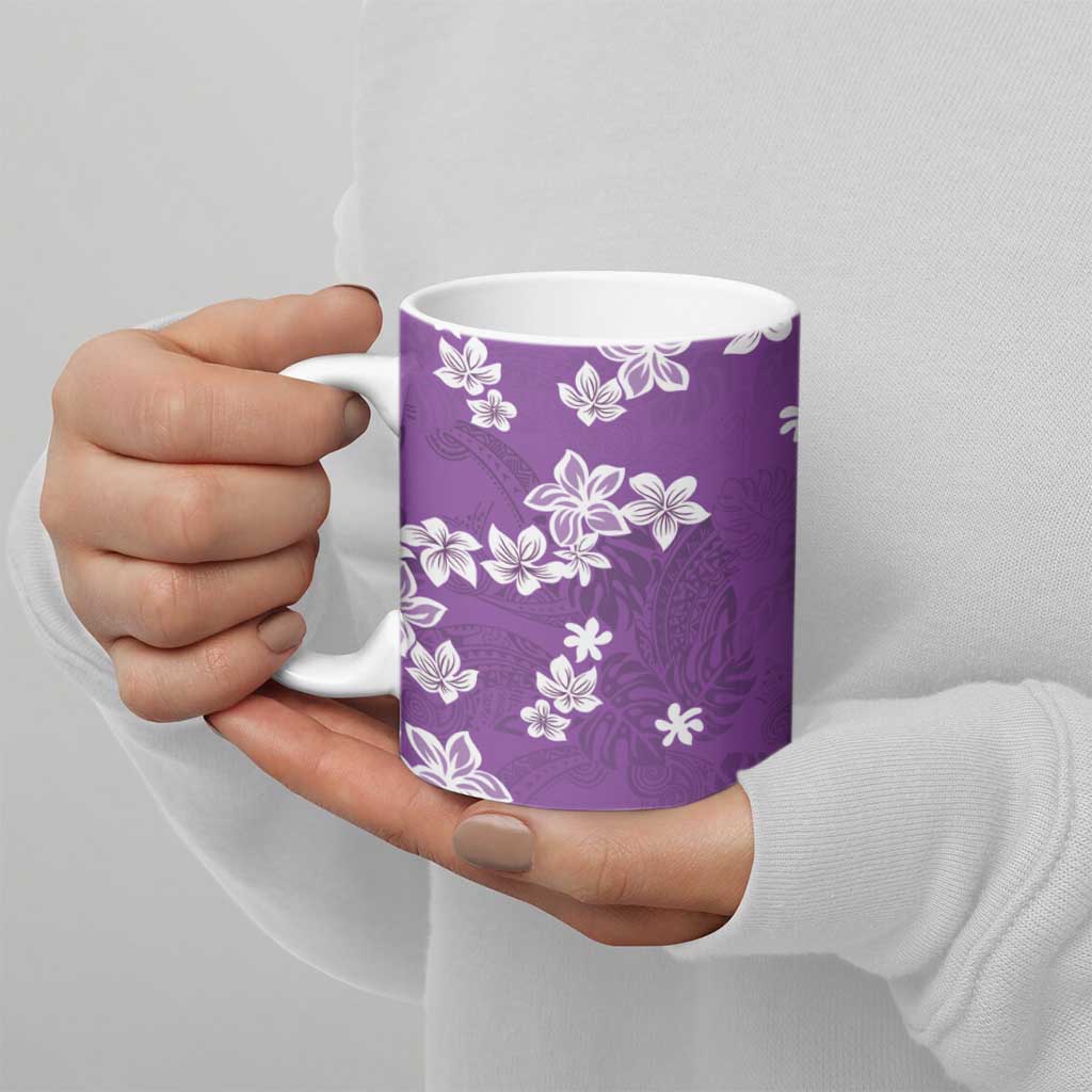 Hawaii Monstera Deliciosa Ceramic Mug Purple Plumeria Polynesian Pattern - Polynesian Pride