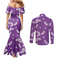 Hawaii Monstera Deliciosa Couples Matching Mermaid Dress and Long Sleeve Button Shirt Purple Plumeria Polynesian Pattern - Polynesian Pride