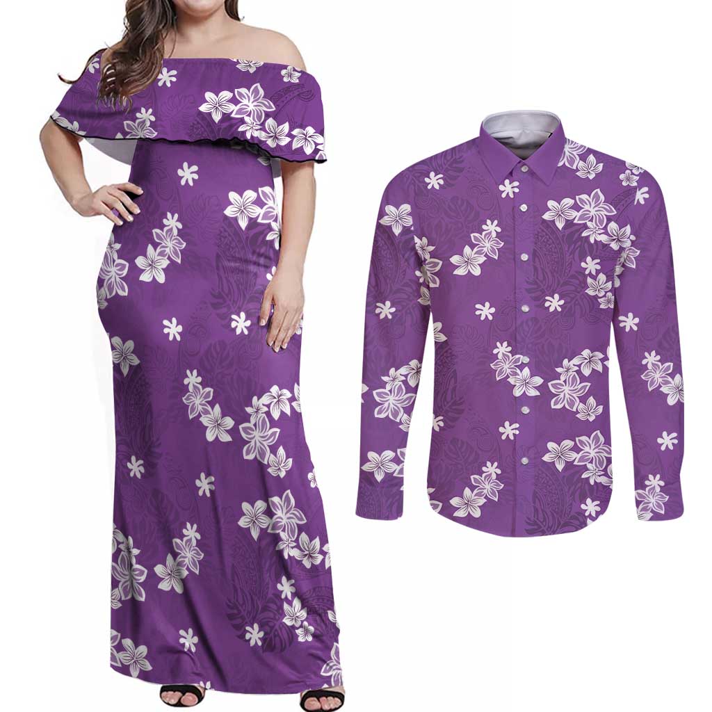 Hawaii Monstera Deliciosa Couples Matching Off Shoulder Maxi Dress and Long Sleeve Button Shirt Purple Plumeria Polynesian Pattern - Polynesian Pride
