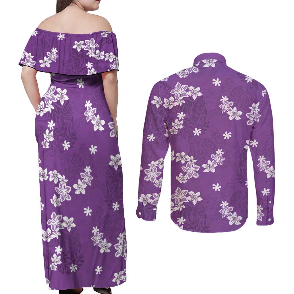 Hawaii Monstera Deliciosa Couples Matching Off Shoulder Maxi Dress and Long Sleeve Button Shirt Purple Plumeria Polynesian Pattern - Polynesian Pride