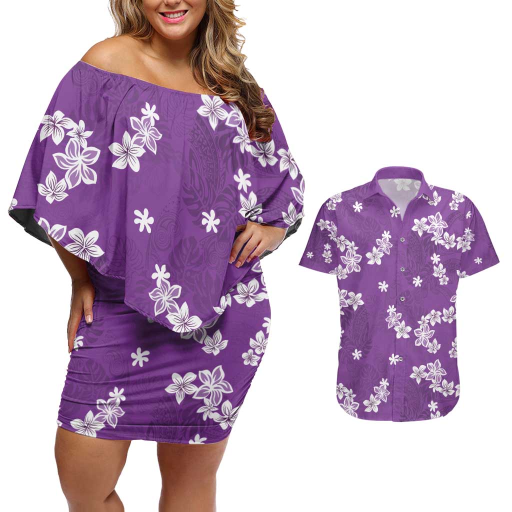Hawaii Monstera Deliciosa Couples Matching Off Shoulder Short Dress and Hawaiian Shirt Purple Plumeria Polynesian Pattern - Polynesian Pride
