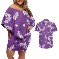 Hawaii Monstera Deliciosa Couples Matching Off Shoulder Short Dress and Hawaiian Shirt Purple Plumeria Polynesian Pattern - Polynesian Pride