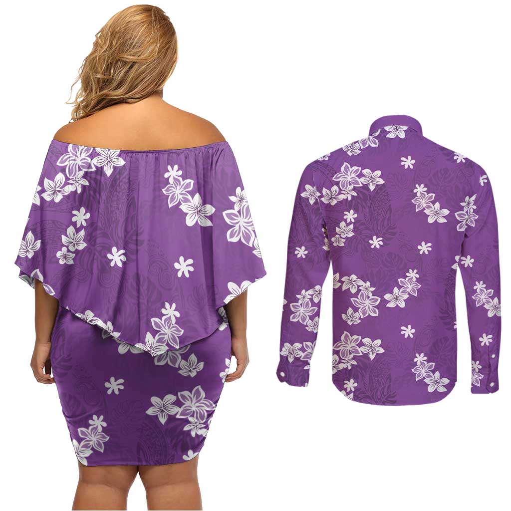 Hawaii Monstera Deliciosa Couples Matching Off Shoulder Short Dress and Long Sleeve Button Shirt Purple Plumeria Polynesian Pattern - Polynesian Pride