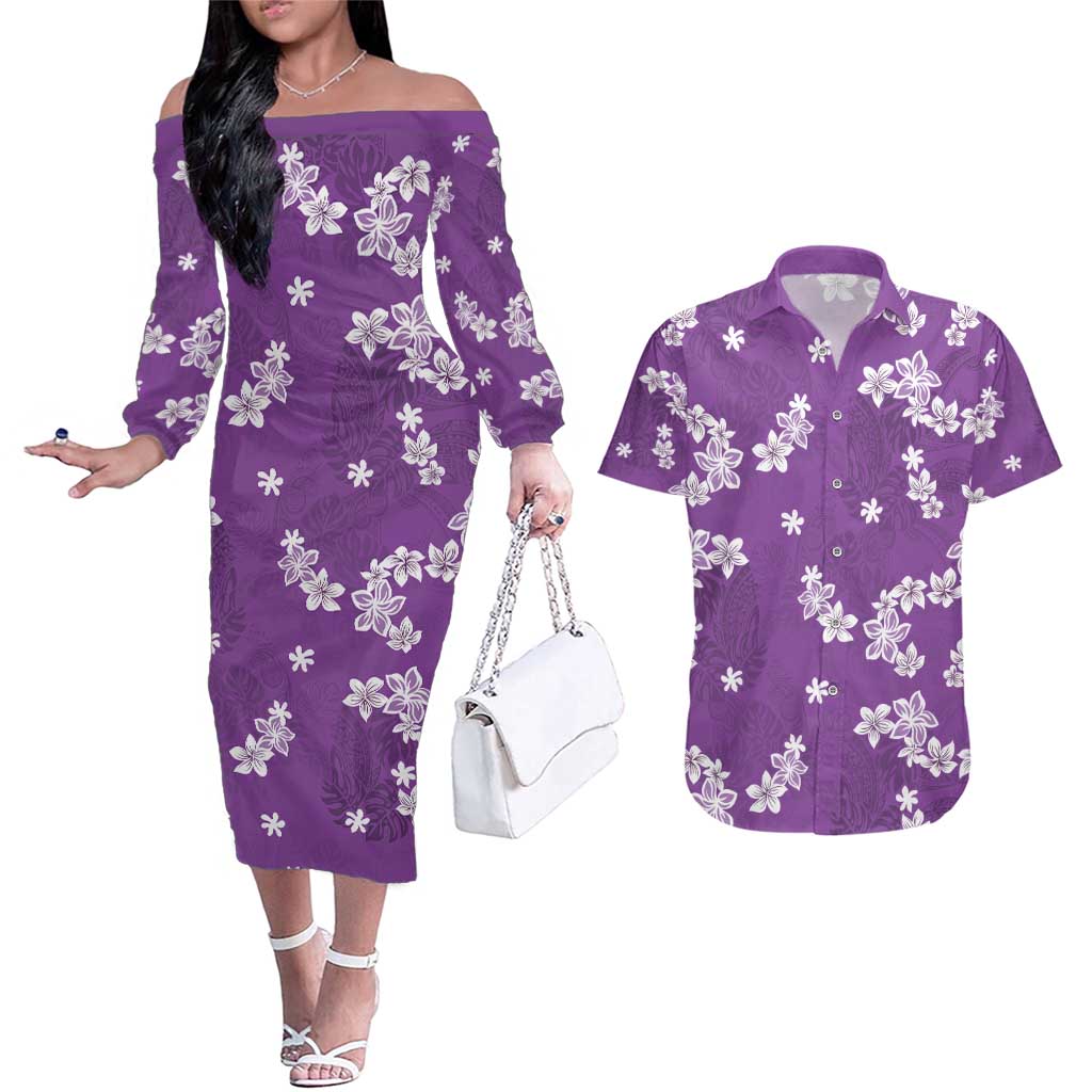 Hawaii Monstera Deliciosa Couples Matching Off The Shoulder Long Sleeve Dress and Hawaiian Shirt Purple Plumeria Polynesian Pattern - Polynesian Pride