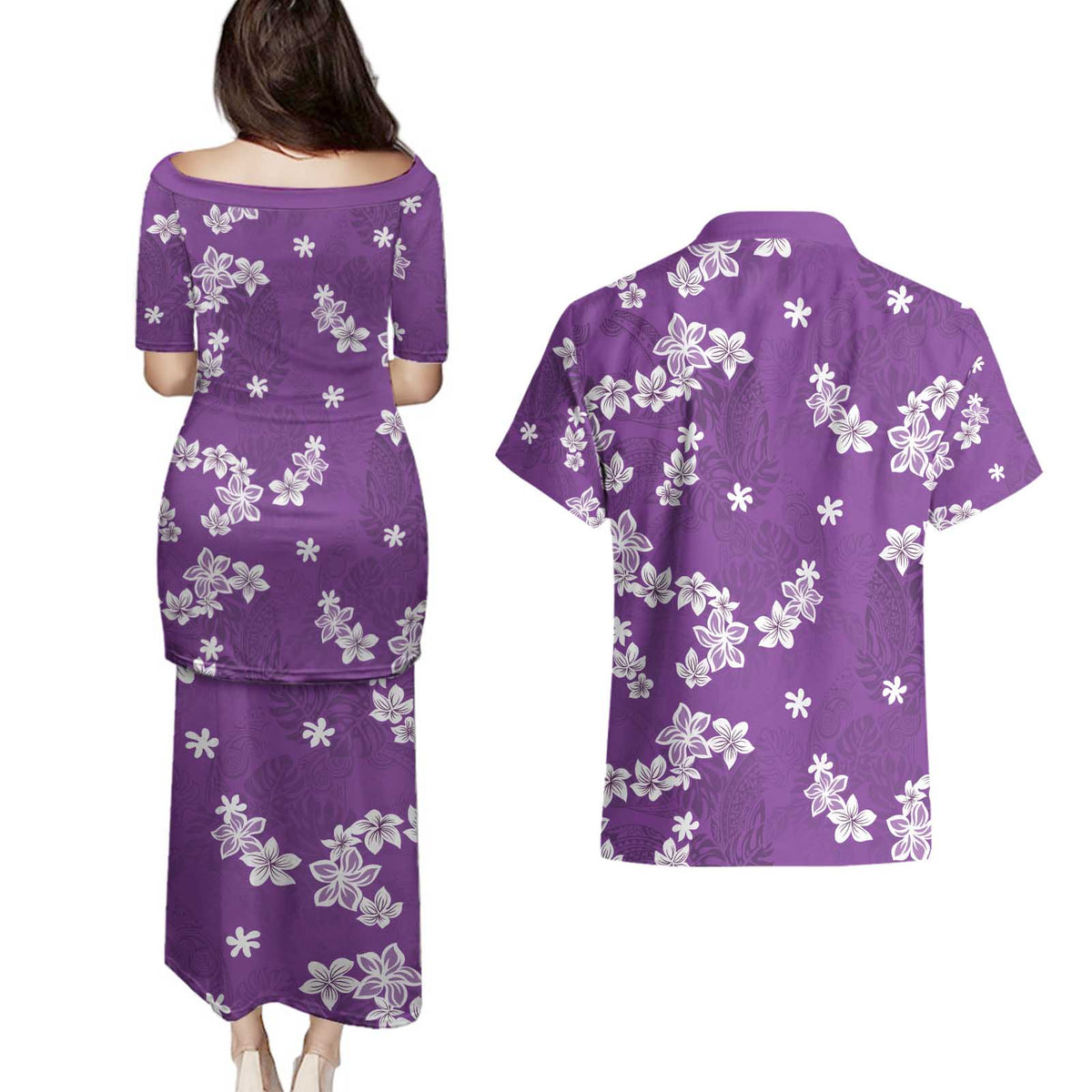 Hawaii Monstera Deliciosa Couples Matching Puletasi and Hawaiian Shirt Purple Plumeria Polynesian Pattern - Polynesian Pride