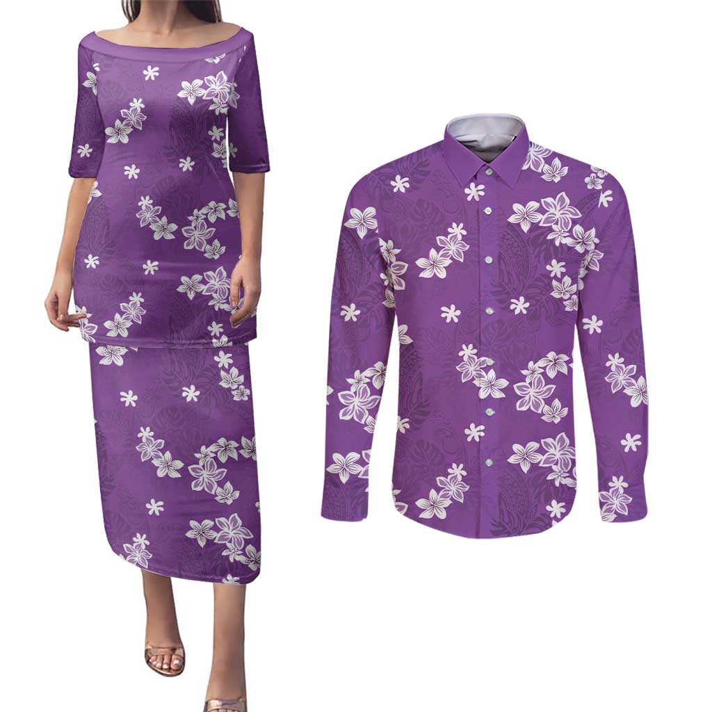 Hawaii Monstera Deliciosa Couples Matching Puletasi and Long Sleeve Button Shirt Purple Plumeria Polynesian Pattern LT05 Purple - Polynesian Pride