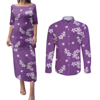 Hawaii Monstera Deliciosa Couples Matching Puletasi and Long Sleeve Button Shirt Purple Plumeria Polynesian Pattern - Polynesian Pride