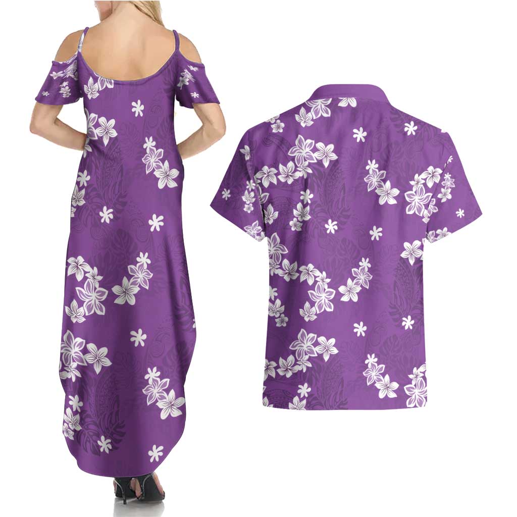 Hawaii Monstera Deliciosa Couples Matching Summer Maxi Dress and Hawaiian Shirt Purple Plumeria Polynesian Pattern - Polynesian Pride