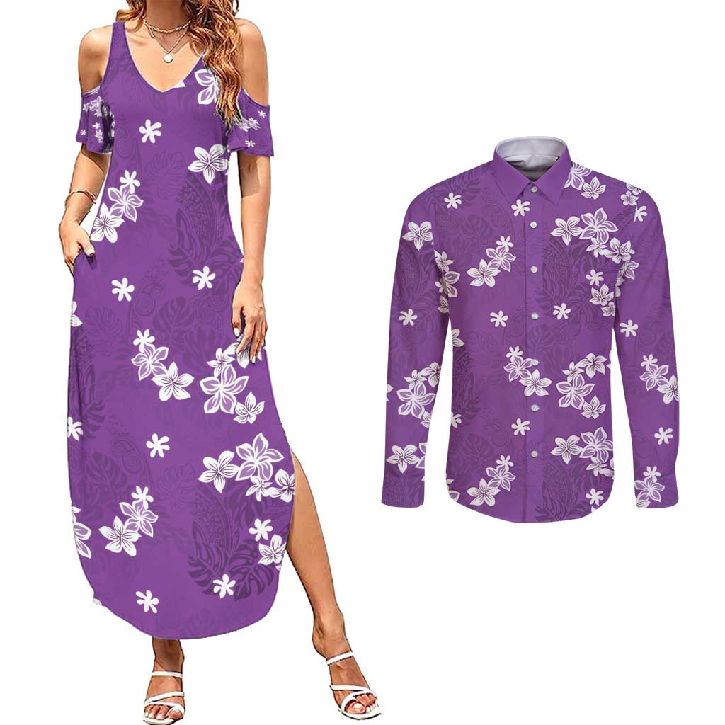 Hawaii Monstera Deliciosa Couples Matching Summer Maxi Dress and Long Sleeve Button Shirt Purple Plumeria Polynesian Pattern - Polynesian Pride
