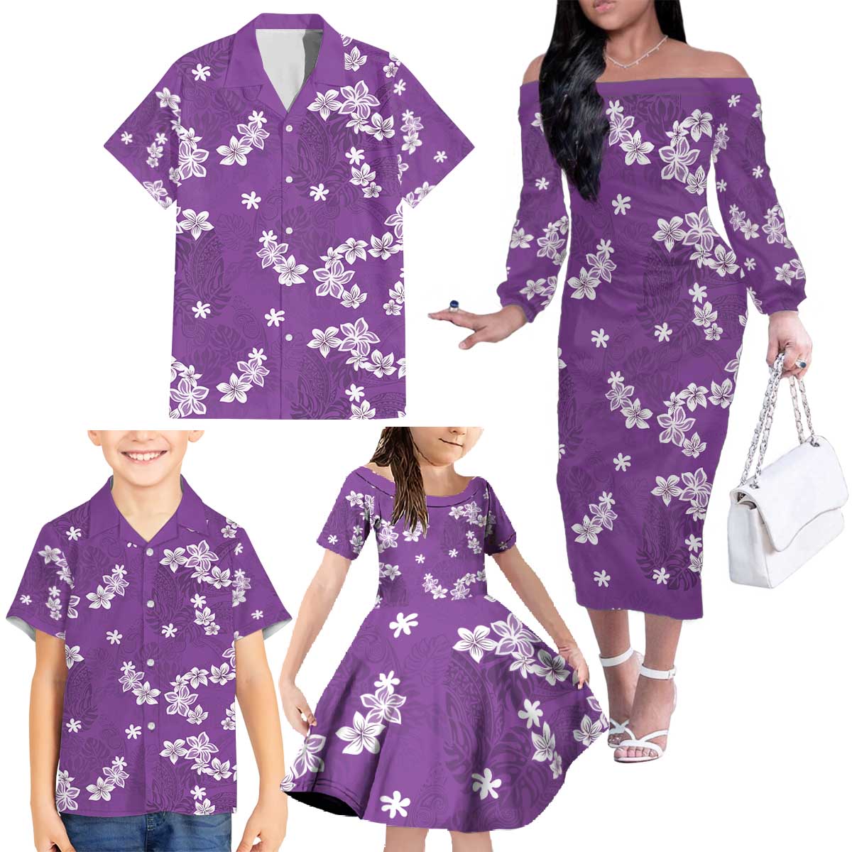 Hawaii Monstera Deliciosa Family Matching Off The Shoulder Long Sleeve Dress and Hawaiian Shirt Purple Plumeria Polynesian Pattern - Polynesian Pride