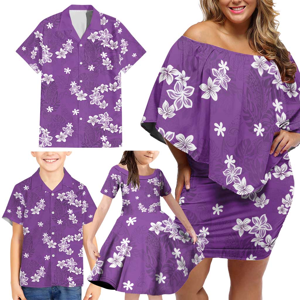Hawaii Monstera Deliciosa Family Matching Off Shoulder Short Dress and Hawaiian Shirt Purple Plumeria Polynesian Pattern - Polynesian Pride