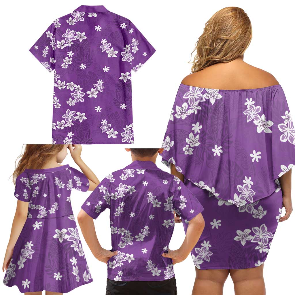 Hawaii Monstera Deliciosa Family Matching Off Shoulder Short Dress and Hawaiian Shirt Purple Plumeria Polynesian Pattern - Polynesian Pride