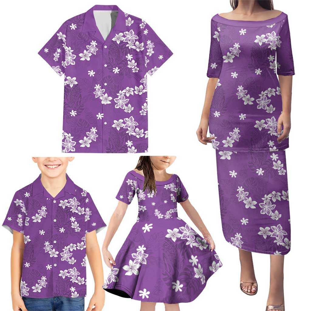 Hawaii Monstera Deliciosa Family Matching Puletasi and Hawaiian Shirt Purple Plumeria Polynesian Pattern - Polynesian Pride