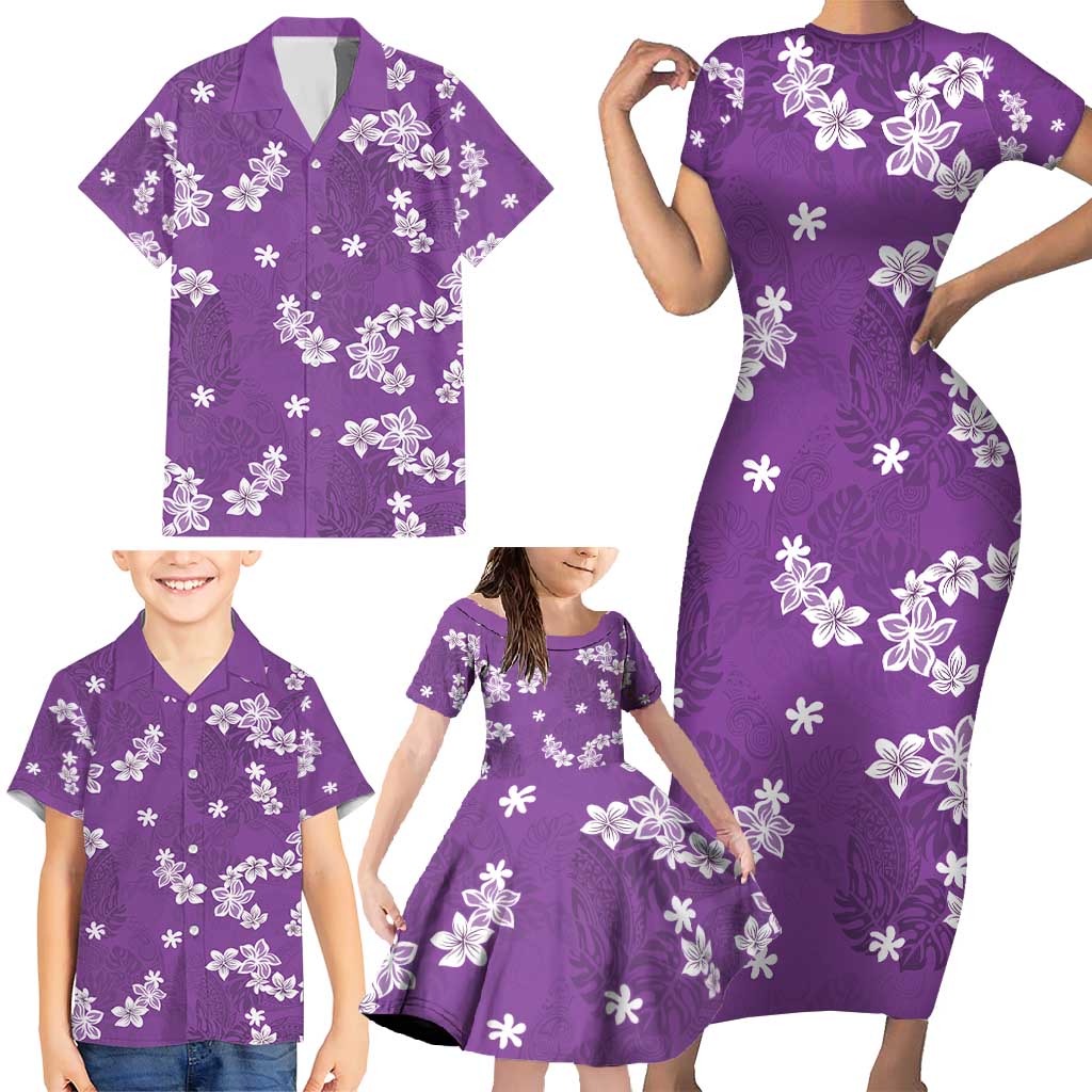 Hawaii Monstera Deliciosa Family Matching Short Sleeve Bodycon Dress and Hawaiian Shirt Purple Plumeria Polynesian Pattern - Polynesian Pride
