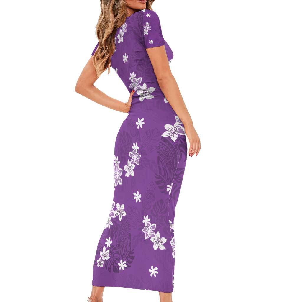 Hawaii Monstera Deliciosa Family Matching Short Sleeve Bodycon Dress and Hawaiian Shirt Purple Plumeria Polynesian Pattern - Polynesian Pride