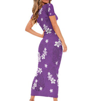Hawaii Monstera Deliciosa Family Matching Short Sleeve Bodycon Dress and Hawaiian Shirt Purple Plumeria Polynesian Pattern - Polynesian Pride