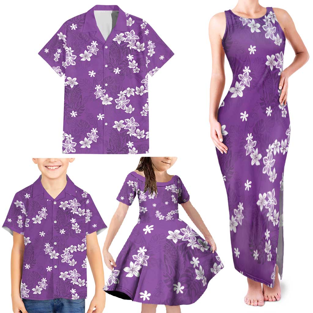 Hawaii Monstera Deliciosa Family Matching Tank Maxi Dress and Hawaiian Shirt Purple Plumeria Polynesian Pattern - Polynesian Pride