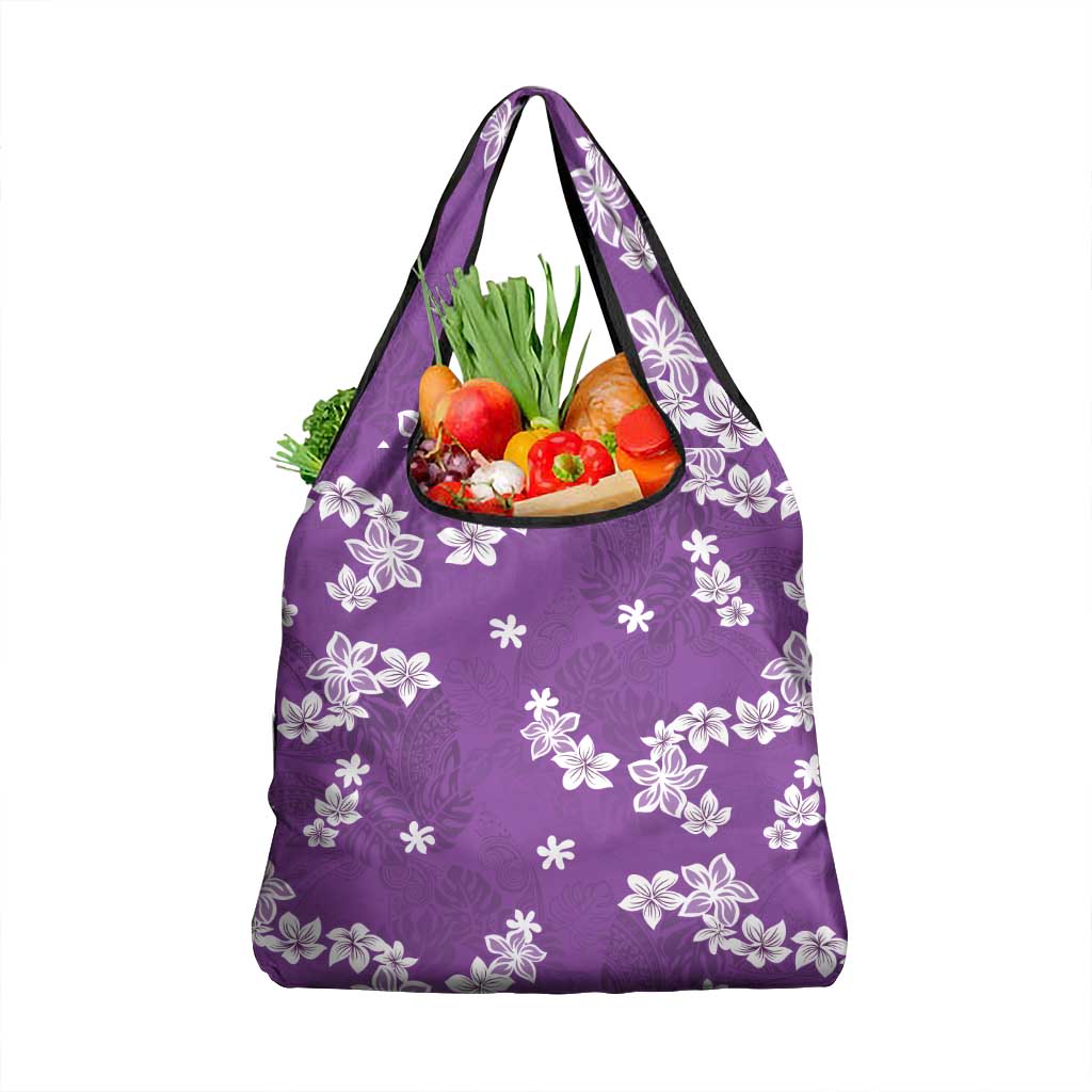 Hawaii Monstera Deliciosa Grocery Bag Purple Plumeria Polynesian Pattern - Polynesian Pride