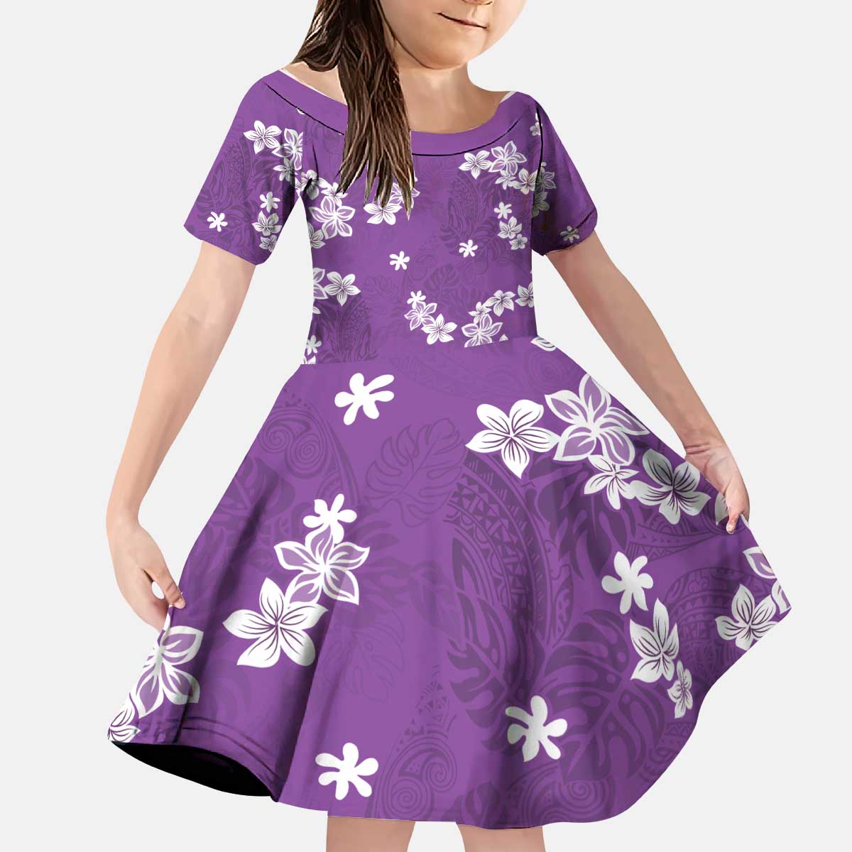 Hawaii Monstera Deliciosa Kid Short Sleeve Dress Purple Plumeria Polynesian Pattern LT05 KID Purple - Polynesian Pride