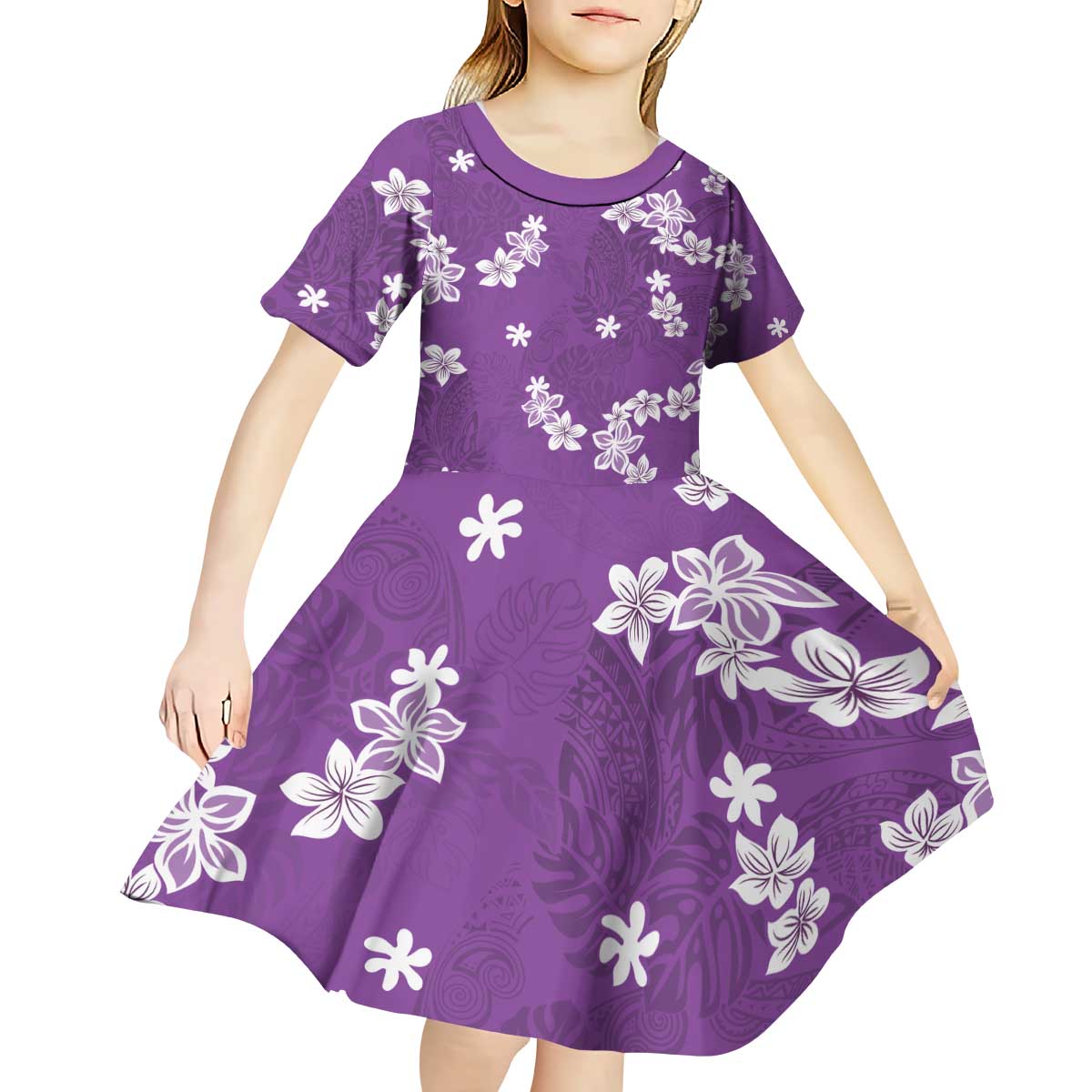 Hawaii Monstera Deliciosa Kid Short Sleeve Dress Purple Plumeria Polynesian Pattern LT05 - Polynesian Pride