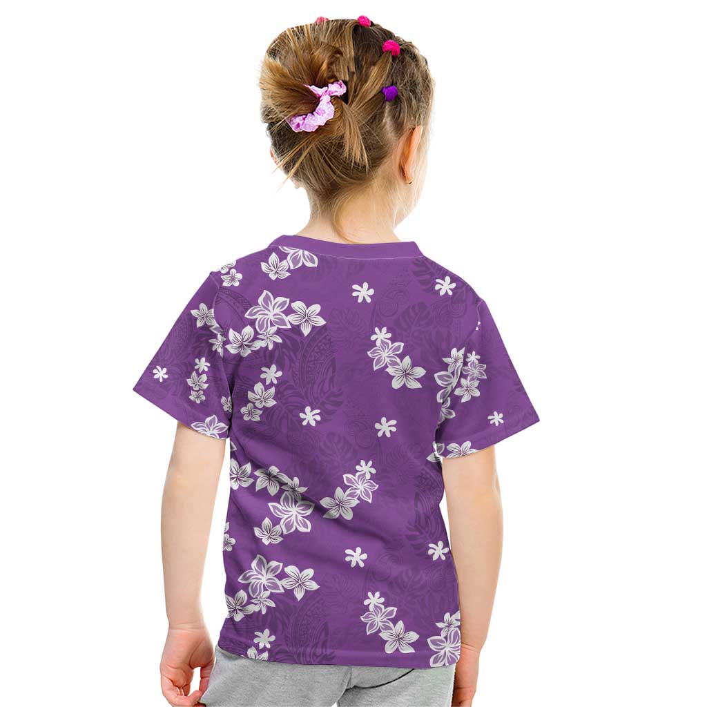 Hawaii Monstera Deliciosa Kid T Shirt Purple Plumeria Polynesian Pattern - Polynesian Pride
