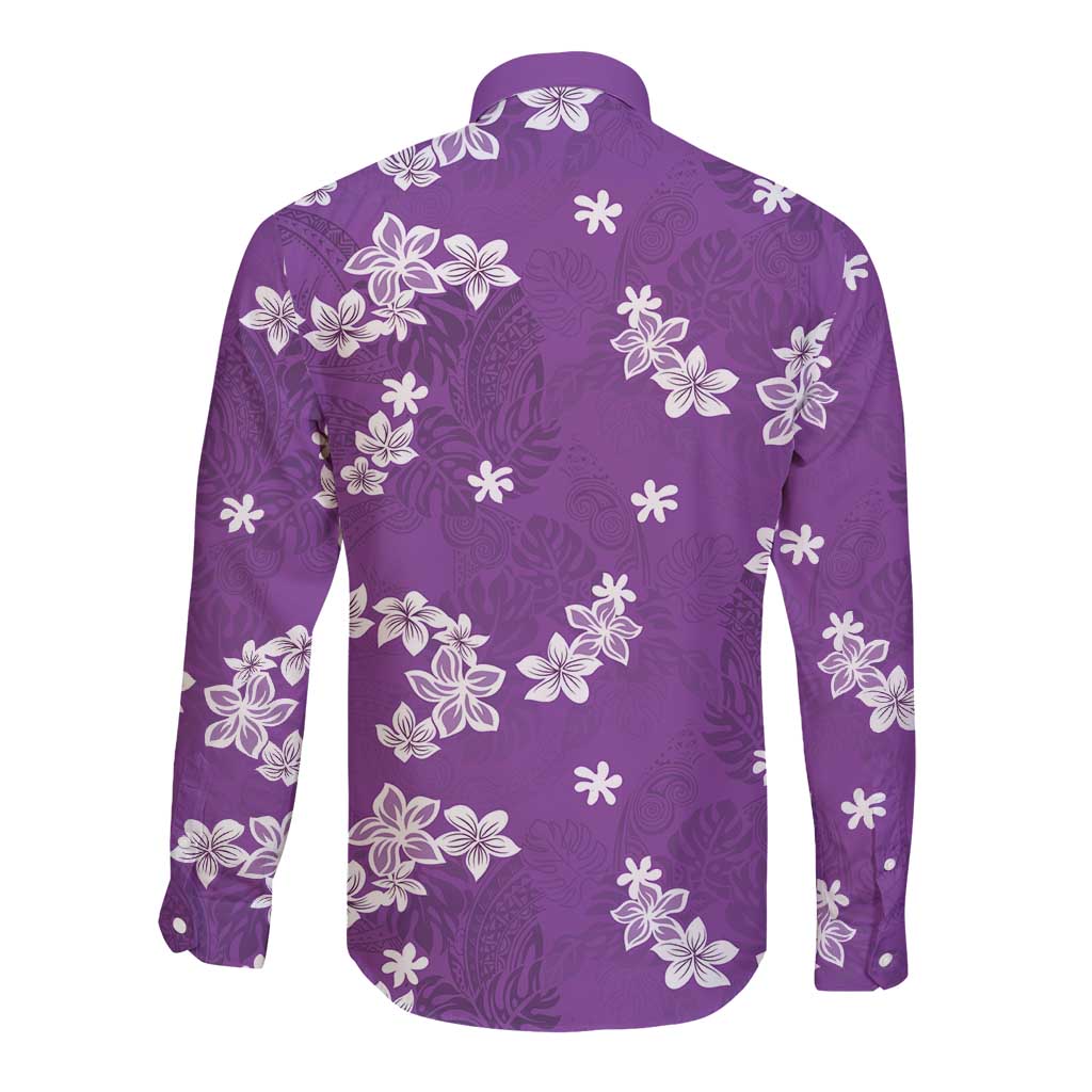Hawaii Monstera Deliciosa Long Sleeve Button Shirt Purple Plumeria Polynesian Pattern - Polynesian Pride