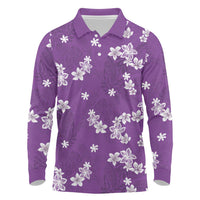 Hawaii Monstera Deliciosa Long Sleeve Polo Shirt Purple Plumeria Polynesian Pattern - Polynesian Pride