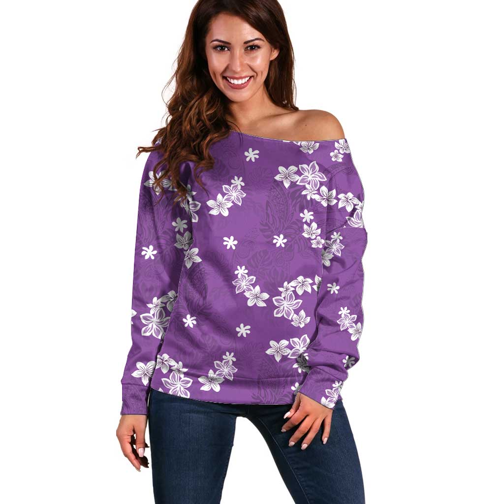 Hawaii Monstera Deliciosa Off Shoulder Sweater Purple Plumeria Polynesian Pattern - Polynesian Pride