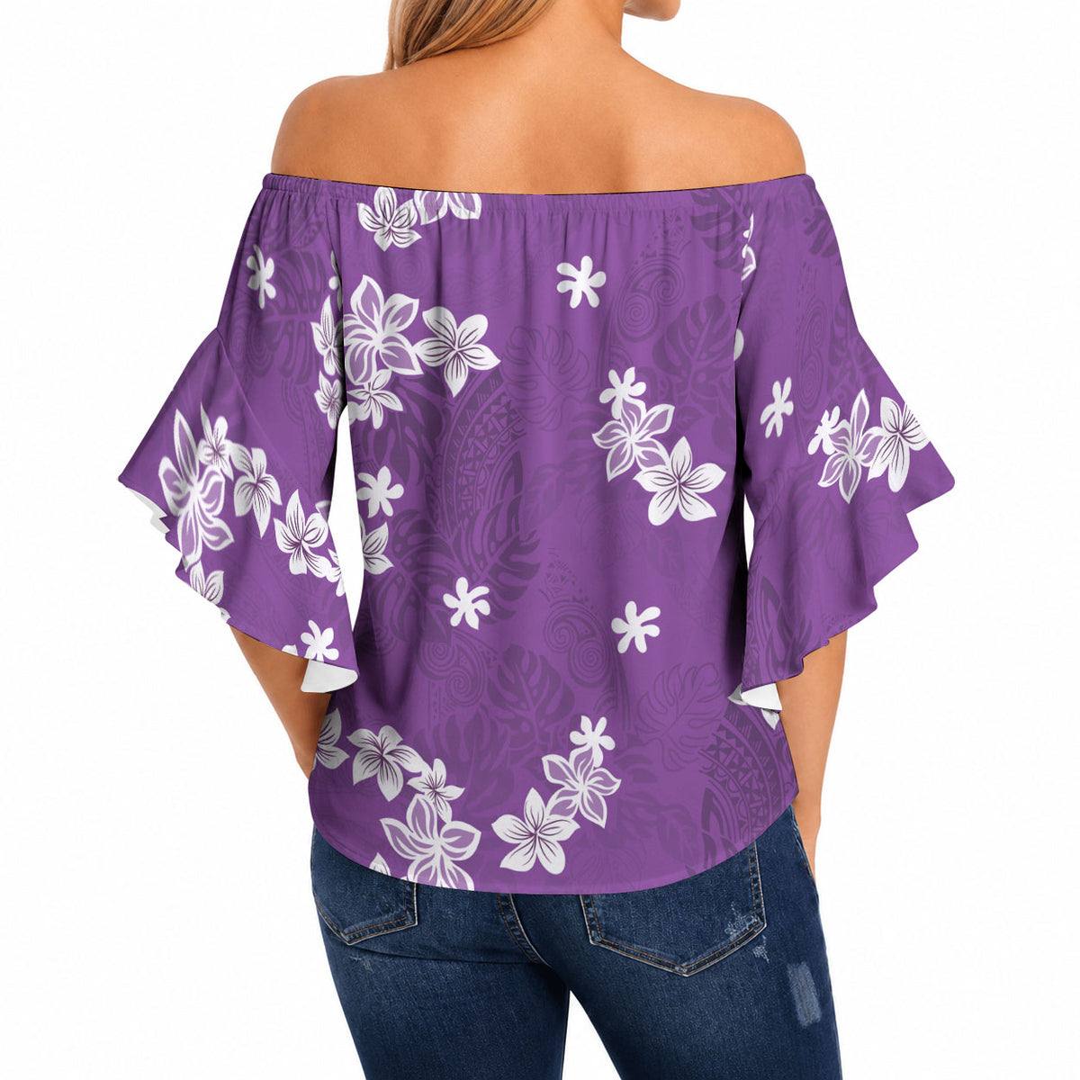 Hawaii Monstera Deliciosa Off Shoulder Wrap Waist Top Purple Plumeria Polynesian Pattern LT05 - Polynesian Pride