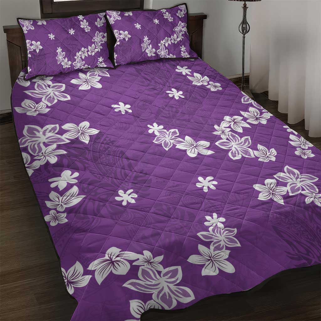 Hawaii Monstera Deliciosa Quilt Bed Set Purple Plumeria Polynesian Pattern - Polynesian Pride