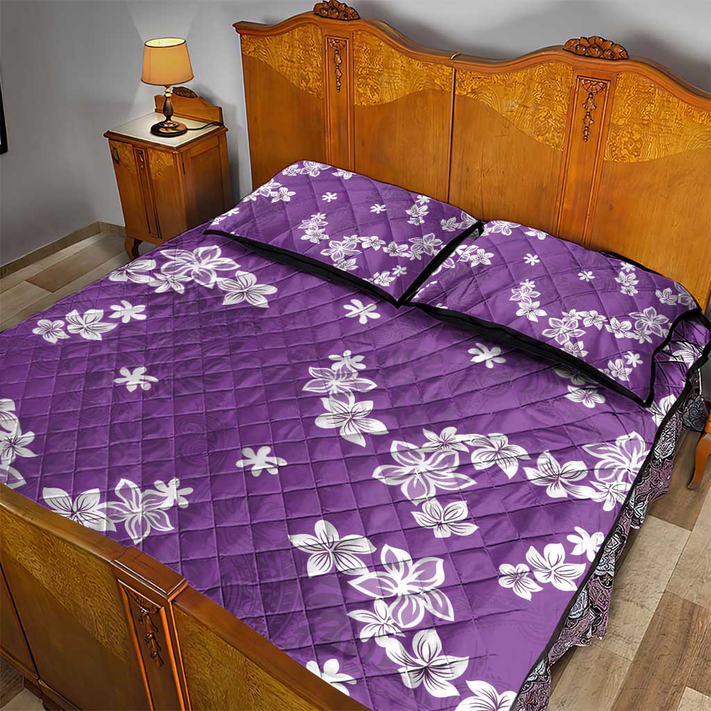 Hawaii Monstera Deliciosa Quilt Bed Set Purple Plumeria Polynesian Pattern - Polynesian Pride