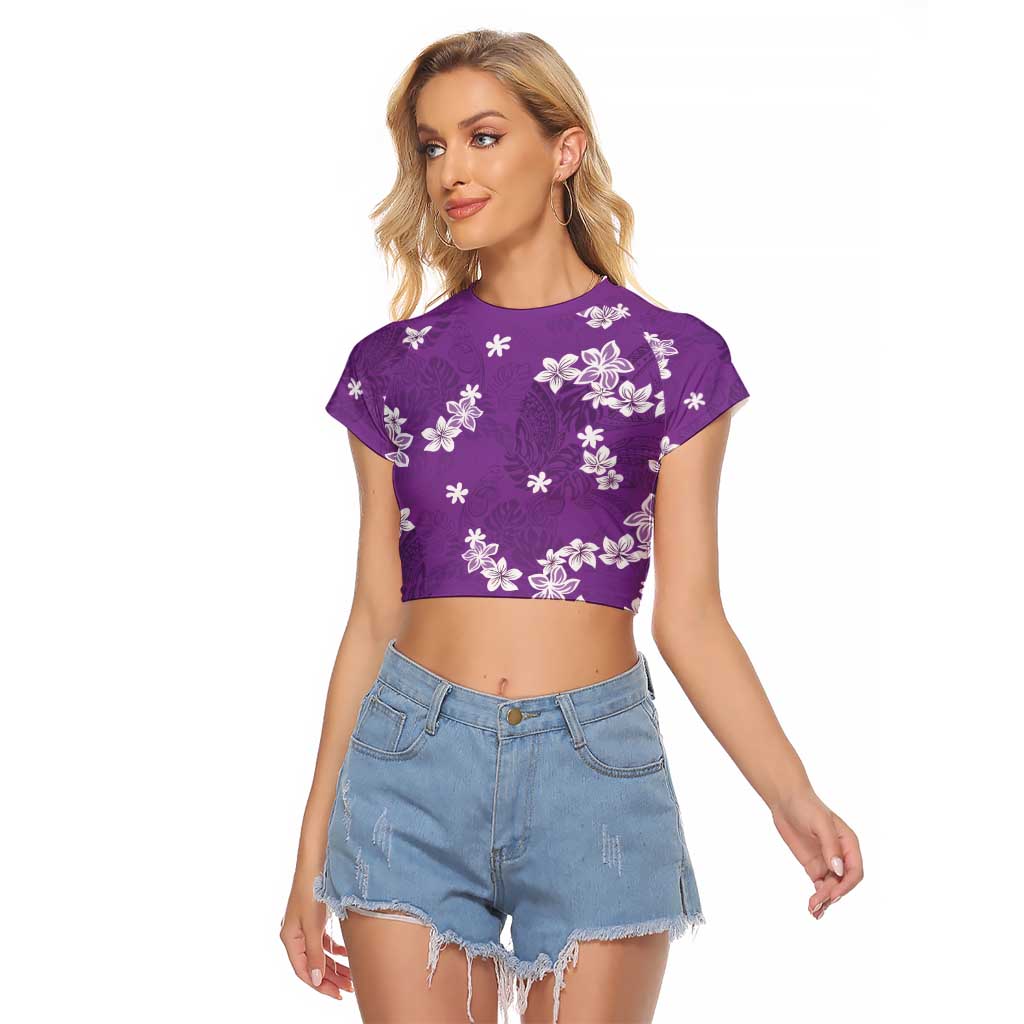 Hawaii Monstera Deliciosa Raglan Cropped T Shirt Purple Plumeria Polynesian Pattern - Polynesian Pride