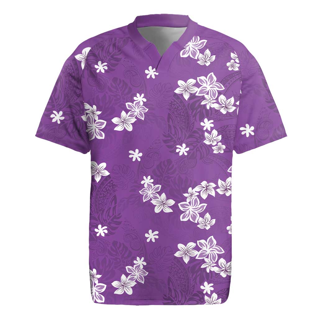 Hawaii Monstera Deliciosa Rugby Jersey Purple Plumeria Polynesian Pattern - Polynesian Pride
