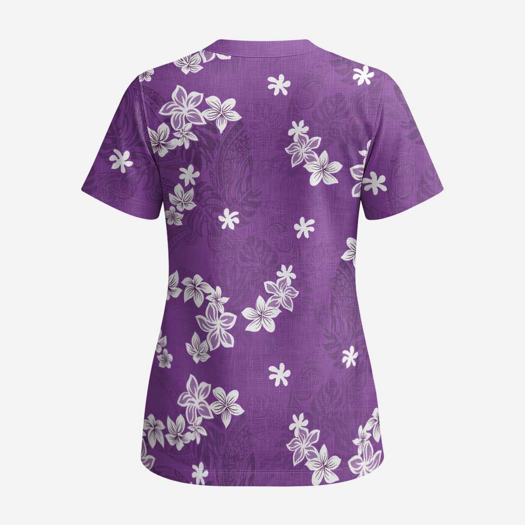 Hawaii Monstera Deliciosa Scrub Top Purple Plumeria Polynesian Pattern - Polynesian Pride