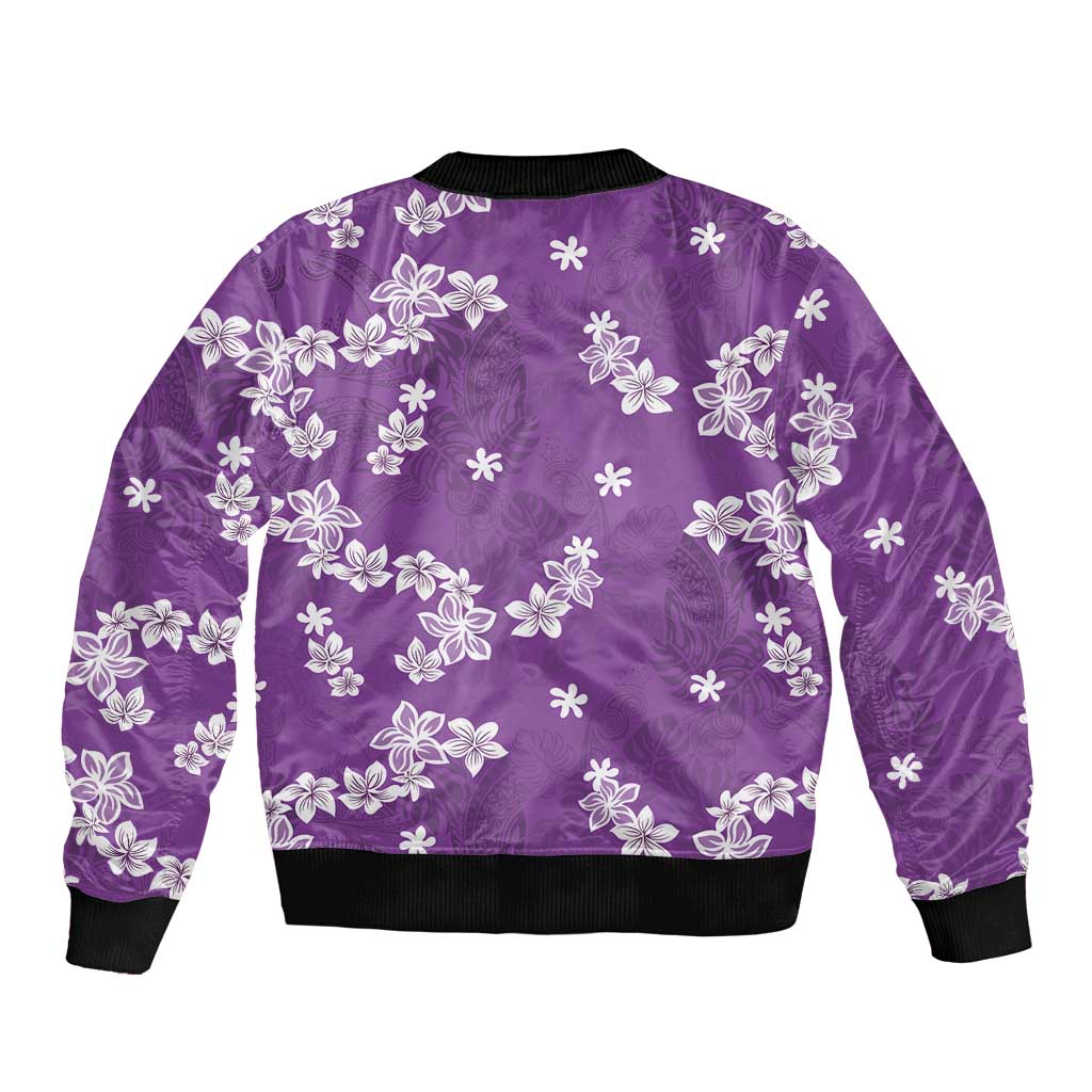 Hawaii Monstera Deliciosa Sleeve Zip Bomber Jacket Purple Plumeria Polynesian Pattern - Polynesian Pride