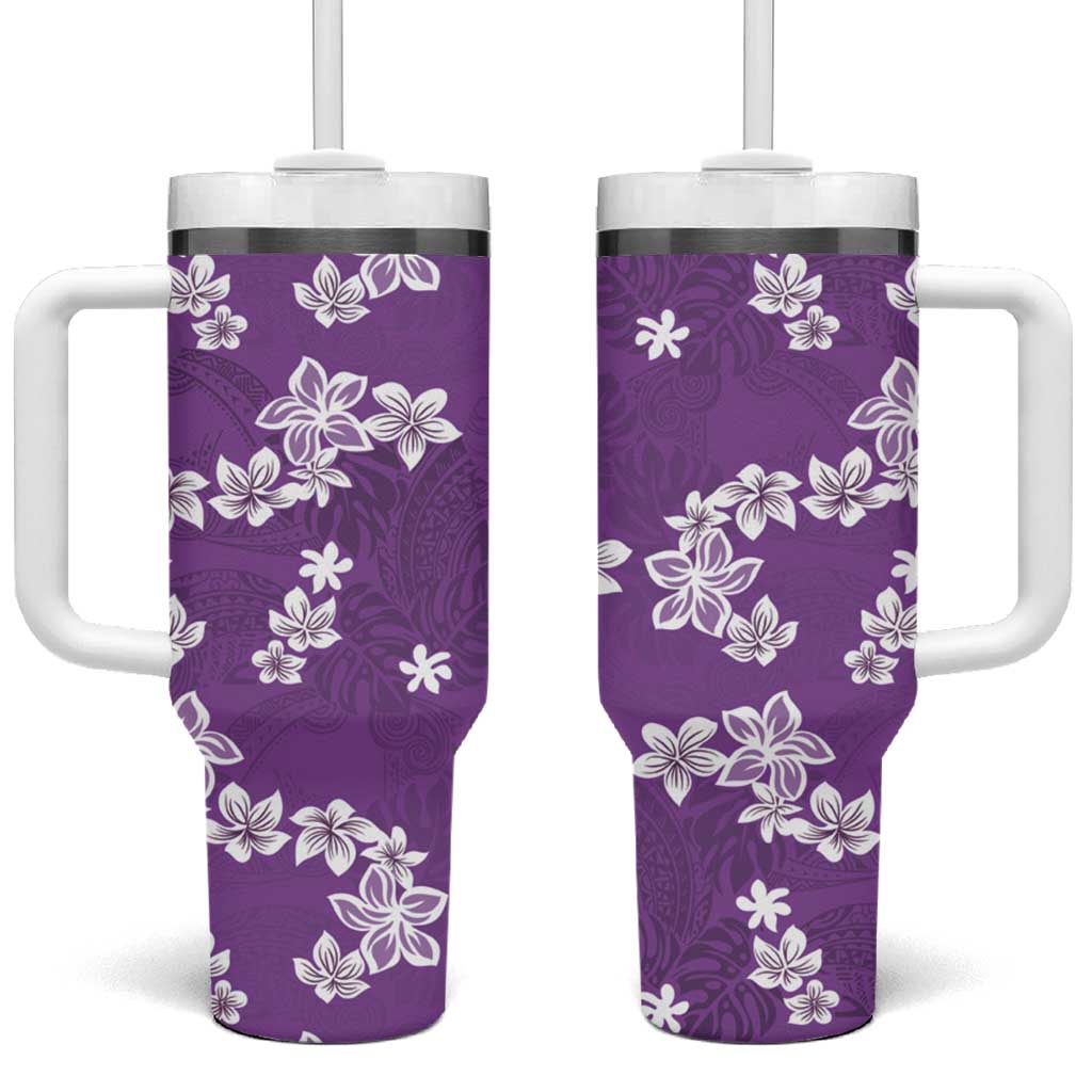Hawaii Monstera Deliciosa Tumbler With Handle Purple Plumeria Polynesian Pattern - Polynesian Pride