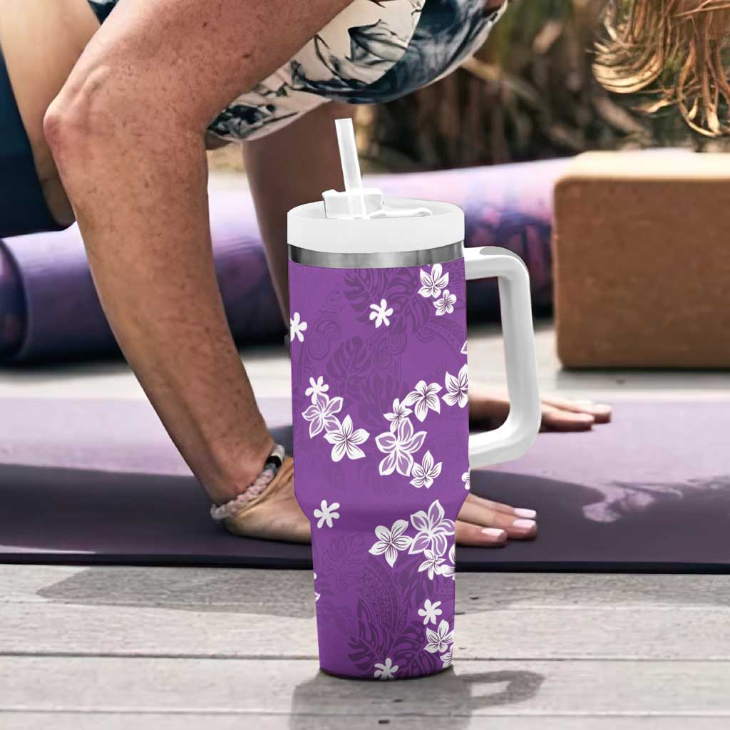 Hawaii Monstera Deliciosa Tumbler With Handle Purple Plumeria Polynesian Pattern - Polynesian Pride
