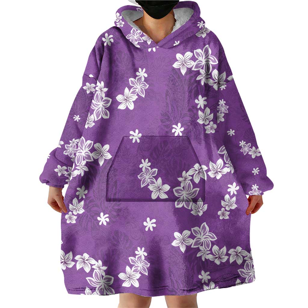 Hawaii Monstera Deliciosa Wearable Blanket Hoodie Purple Plumeria Polynesian Pattern - Polynesian Pride