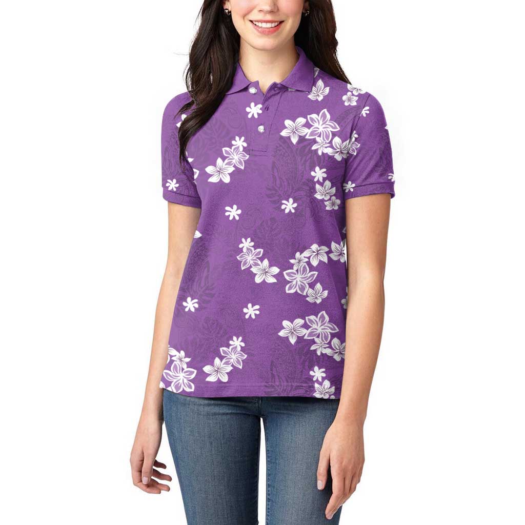 Hawaii Monstera Deliciosa Women Polo Shirt Purple Plumeria Polynesian Pattern - Polynesian Pride