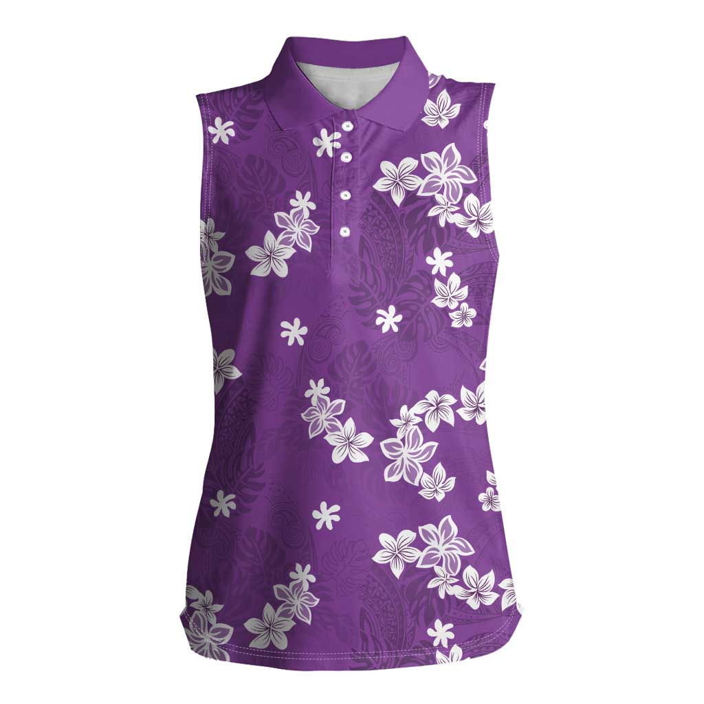 Hawaii Monstera Deliciosa Women Sleeveless Polo Shirt Purple Plumeria Polynesian Pattern - Polynesian Pride