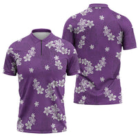 Hawaii Monstera Deliciosa Zipper Polo Shirt Purple Plumeria Polynesian Pattern - Polynesian Pride