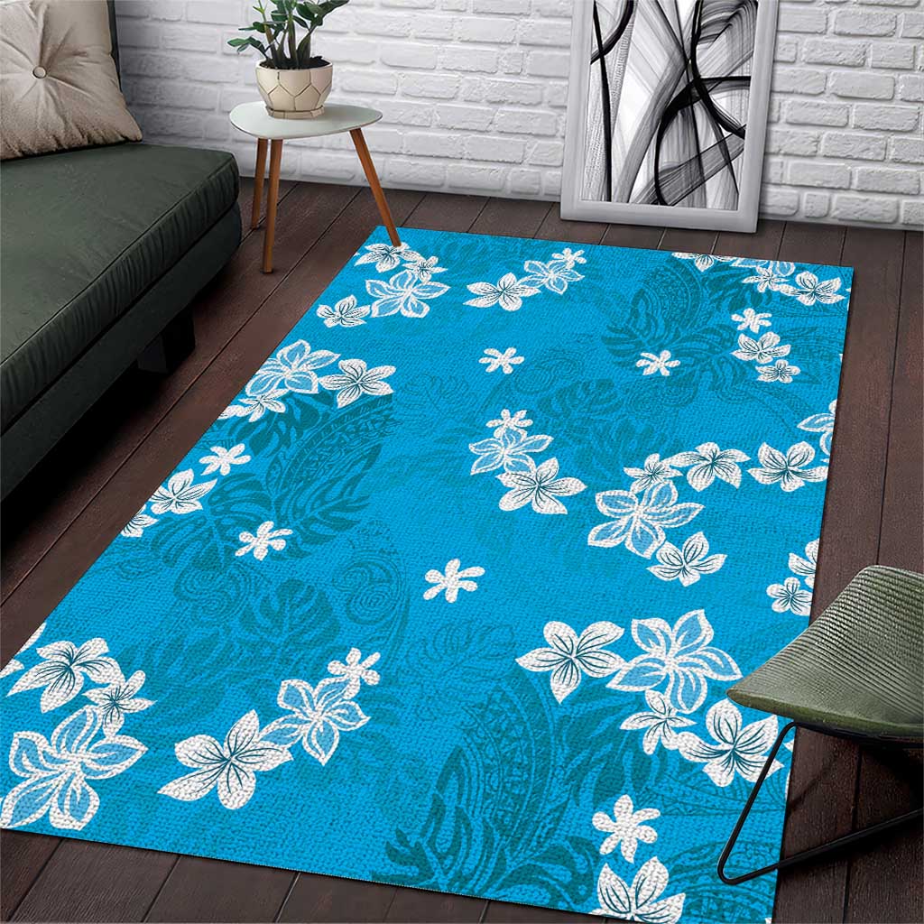 Hawaii Monstera Deliciosa Area Rug Blue Plumeria Polynesian Pattern - Polynesian Pride