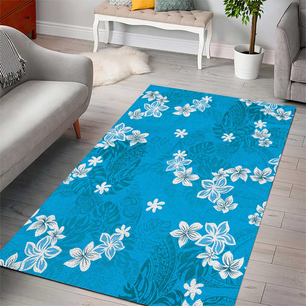 Hawaii Monstera Deliciosa Area Rug Blue Plumeria Polynesian Pattern - Polynesian Pride
