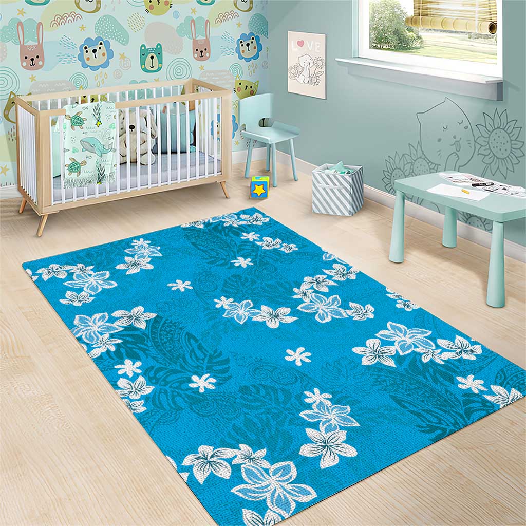 Hawaii Monstera Deliciosa Area Rug Blue Plumeria Polynesian Pattern - Polynesian Pride