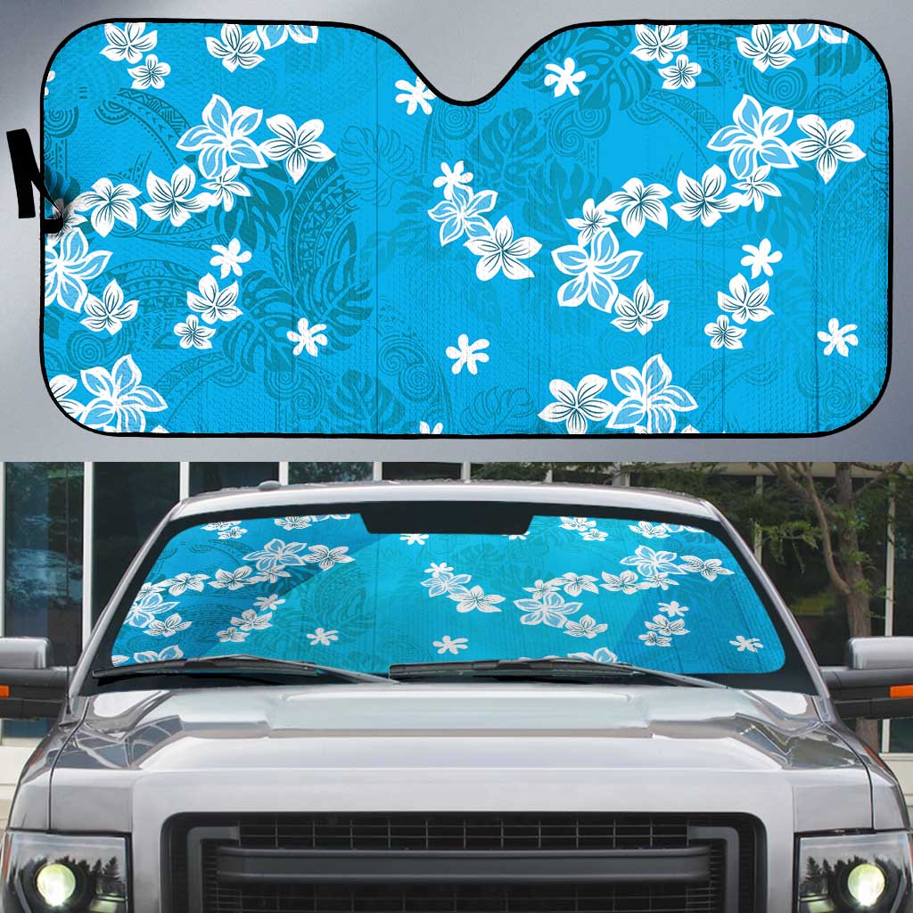 Hawaii Monstera Deliciosa Auto Sun Shade Blue Plumeria Polynesian Pattern - Polynesian Pride